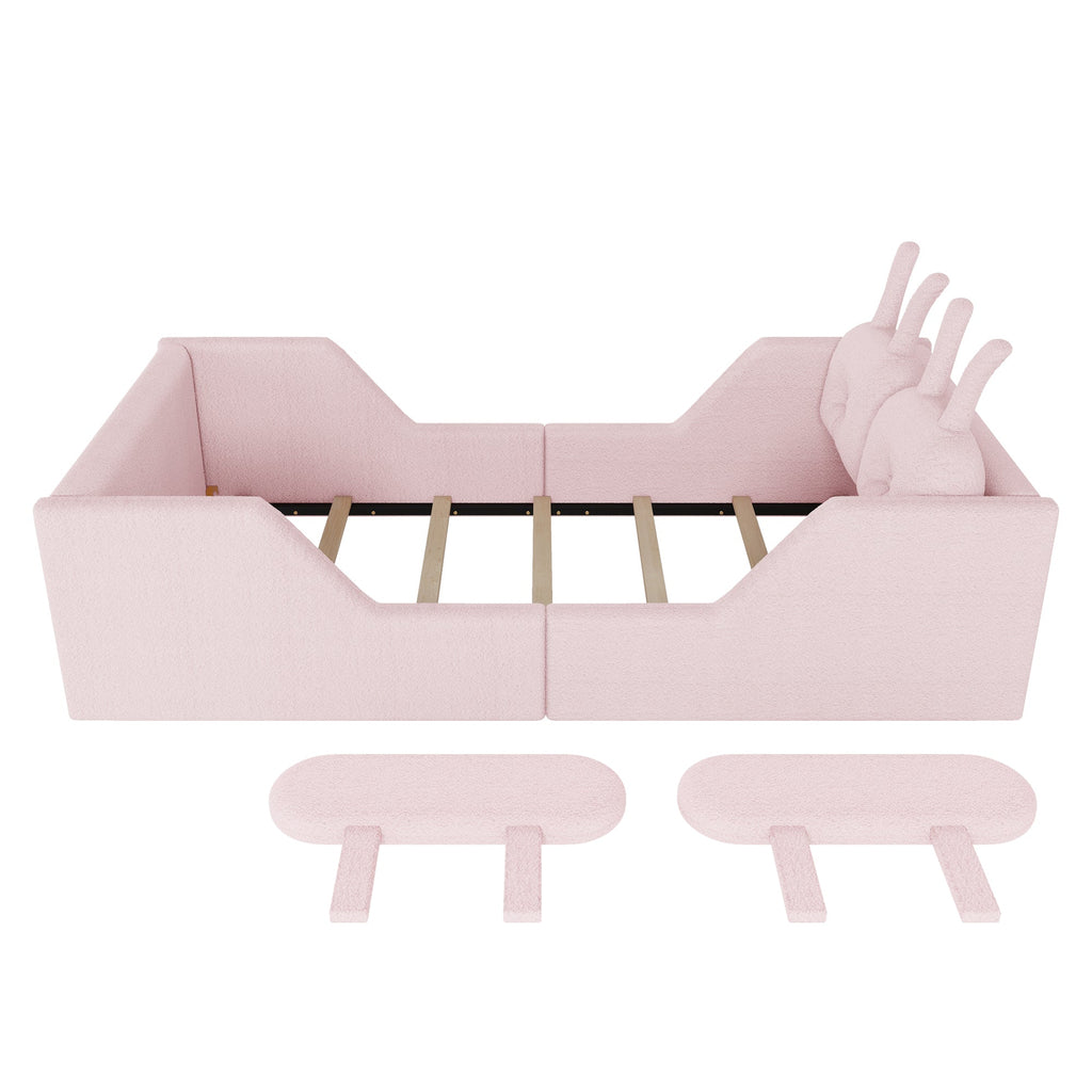 Twin Size Upholstered Platform Bed with Rabbit Cushion – Pink