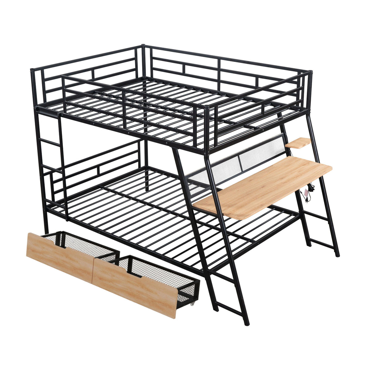 Full Size Bunk Bed With Built In Desk, Light, And 2 Drawers - Black