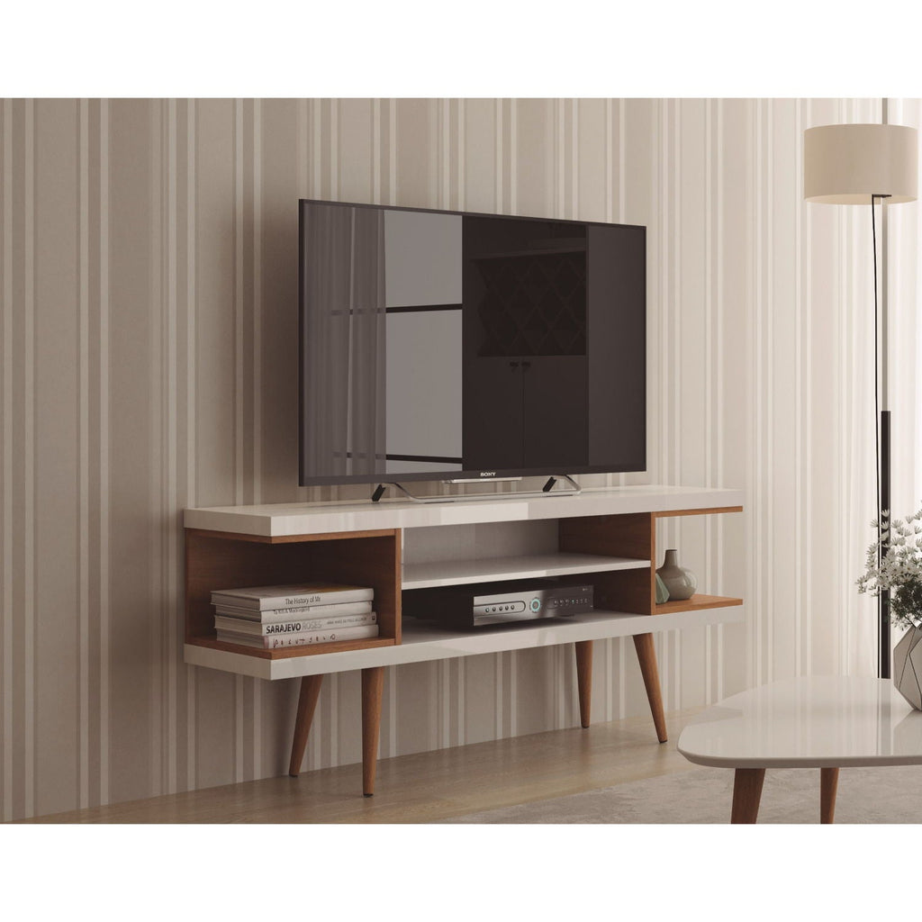Mid-Century Modern TV Stand with Adjustable Storage - White