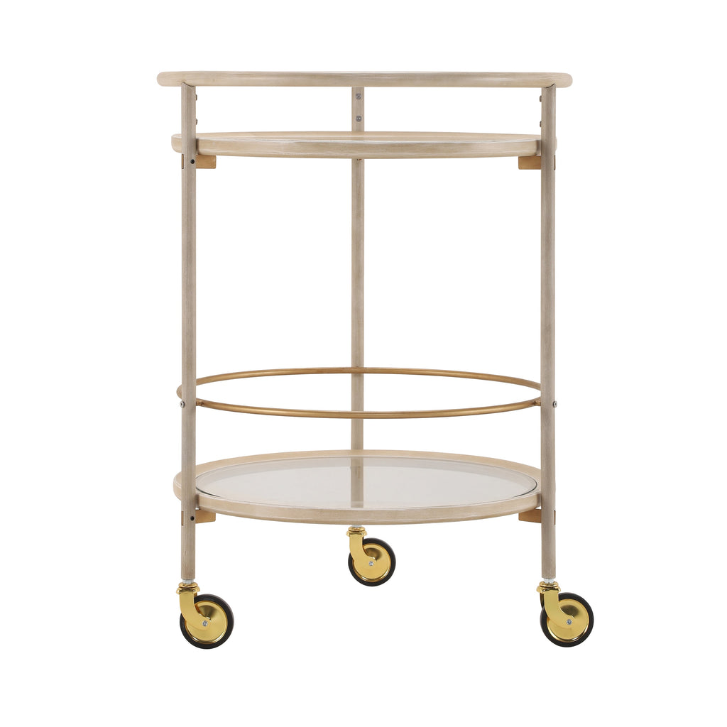 Round Bar Cart with Tempered Glass Shelves and Gold Accents