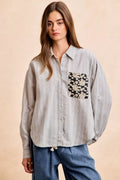 BiBi Flower Jacquard Knit Patch Pocket Stripe Shirt