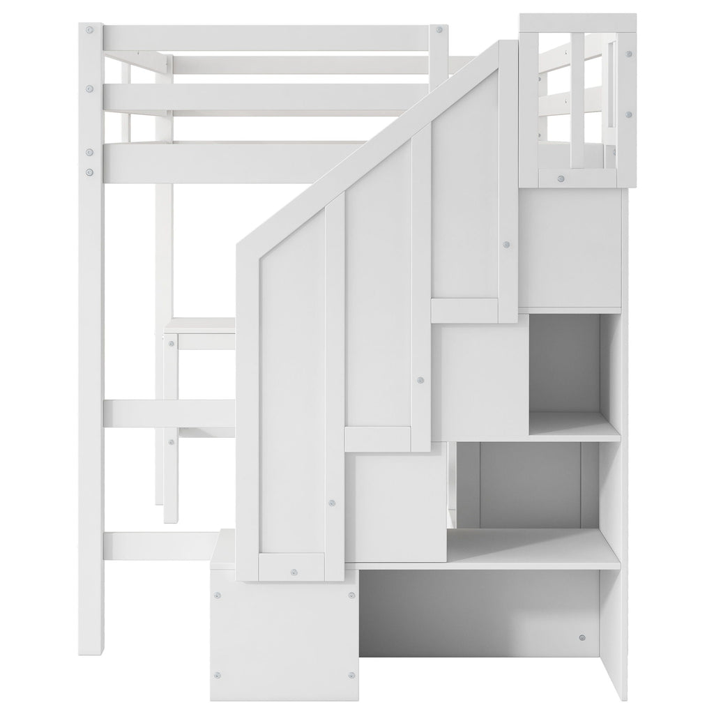 Loft Bed & L Shaped Desk, Drawers, Cabinet, And Storage Staircase