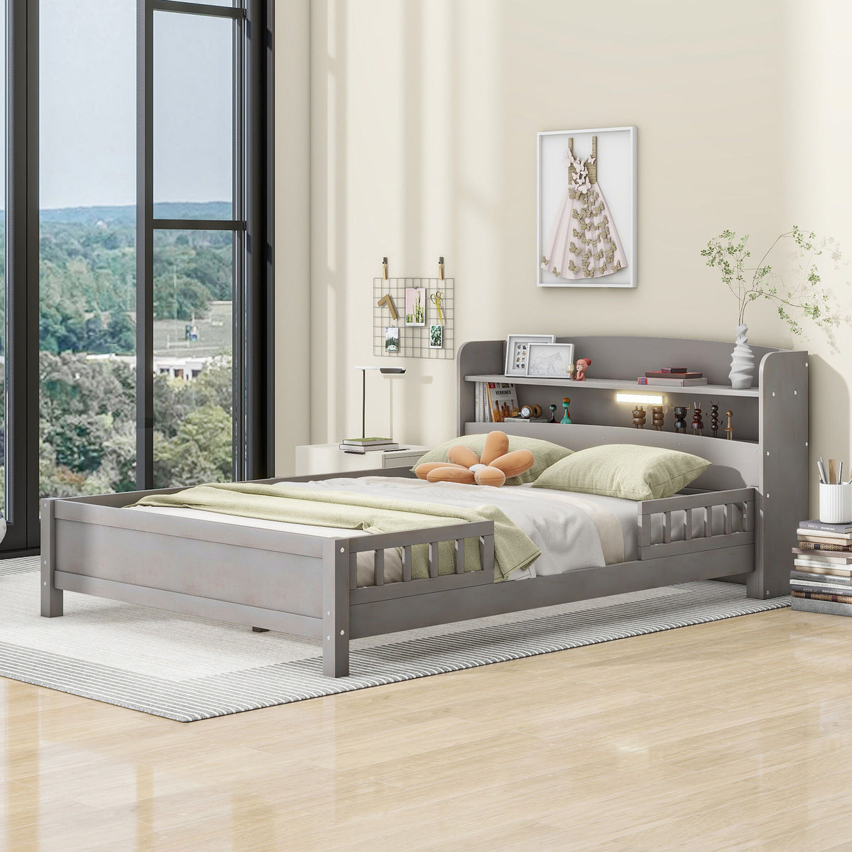 Wood Platform Bed With Built In LED Light, Storage Headboard And Guardrail
