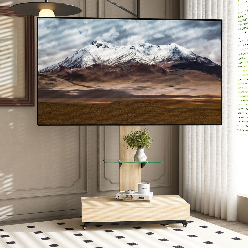 Adjustable Height Mobile TV Cart with Shelf - Light Brown or White