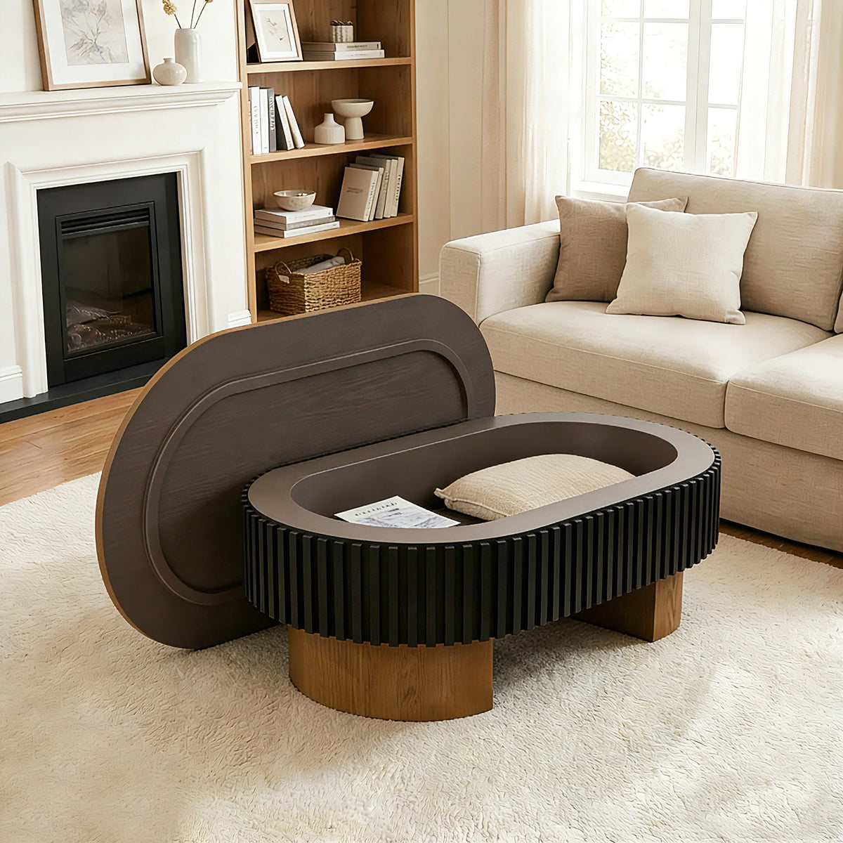 Elliptical Living Room Coffee Table with Hidden Storage and Removable Tabletop - Black or Light Brown