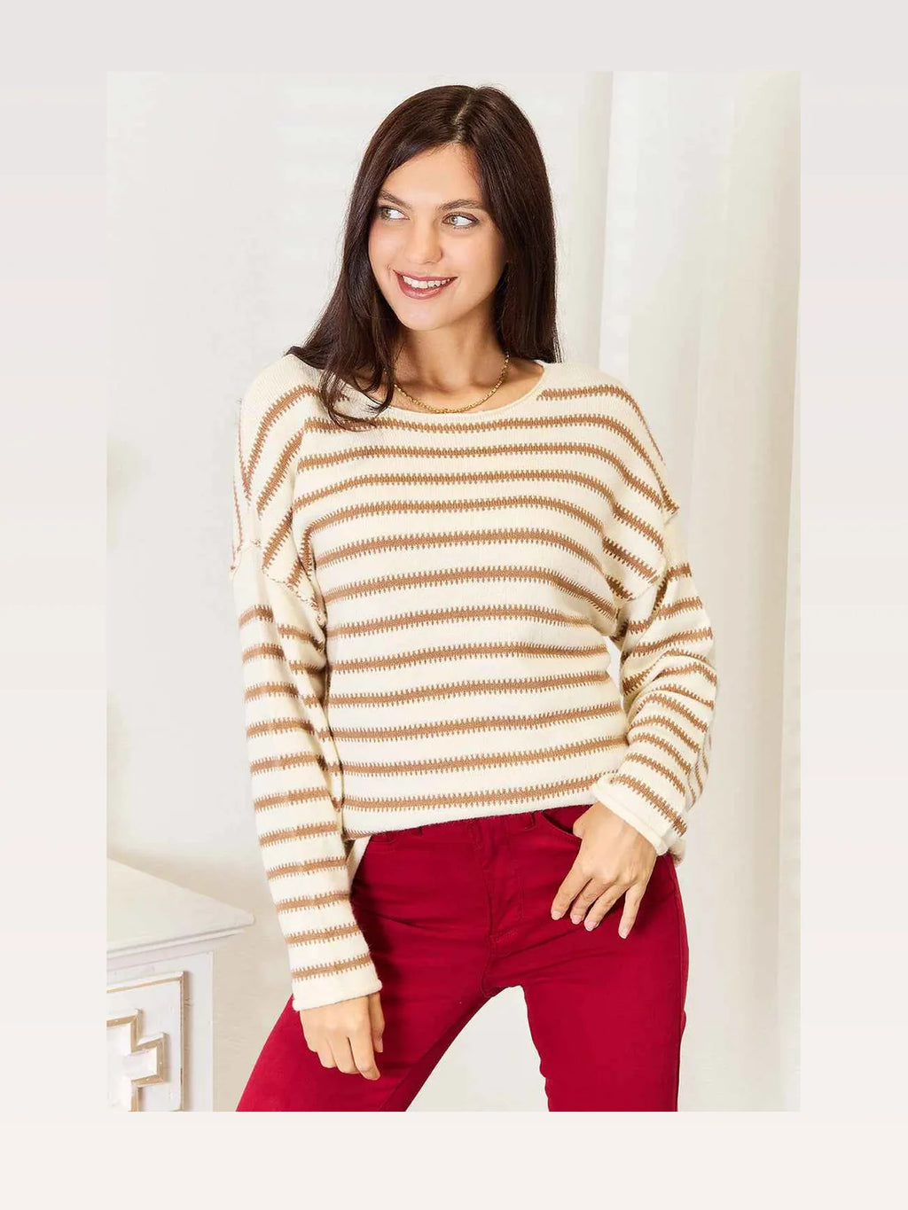 Striped Boat Neck Long Sleeve Sweater