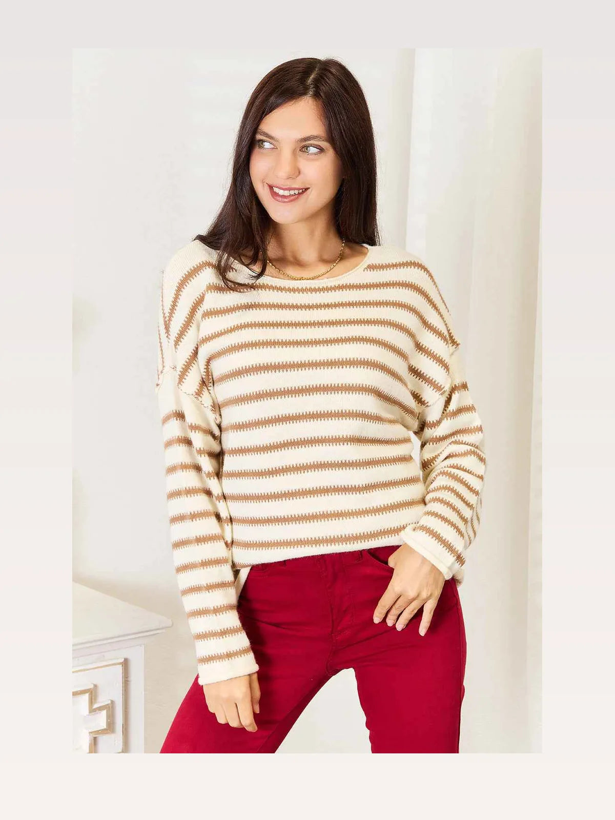 Striped Boat Neck Long Sleeve Sweater