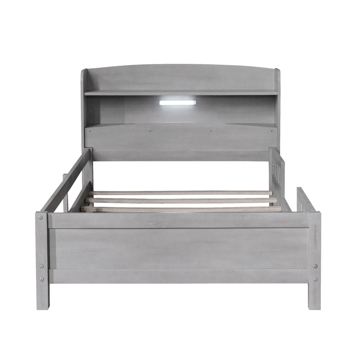 Wood Platform Bed With Built In LED Light, Storage Headboard And Guardrail