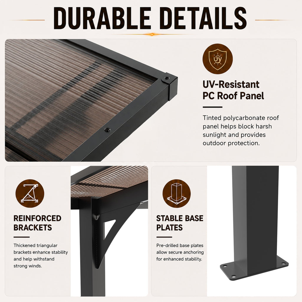 Galvanized Steel Carport with Sloped PC Roof - 8x5ft, Black