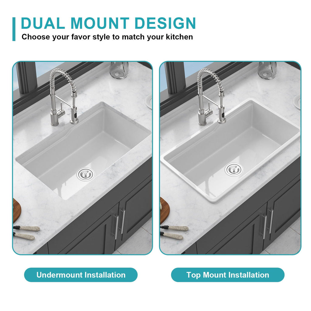 Porcelain Undermount Workstation Single Bowl Kitchen Sink – White