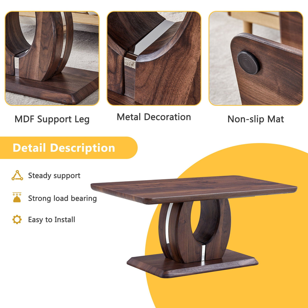 Modern Minimalist Rectangular Coffee Table with Walnut Grain Finish - Dark Brown