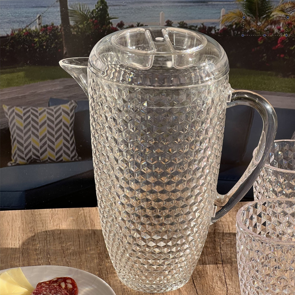 Diamond Cut Unbreakable Plastic Water Pitcher with Lid - Clear Acrylic