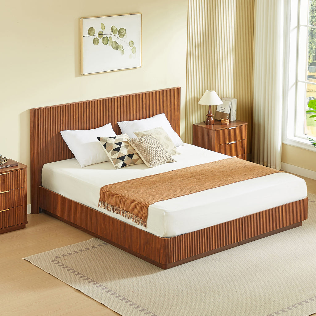 King Size Bed Frame with LED Lights - Walnut