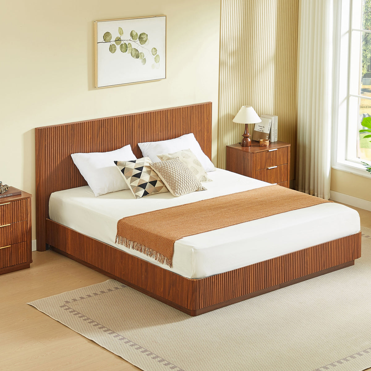 King Size Bed Frame with LED Lights - Walnut