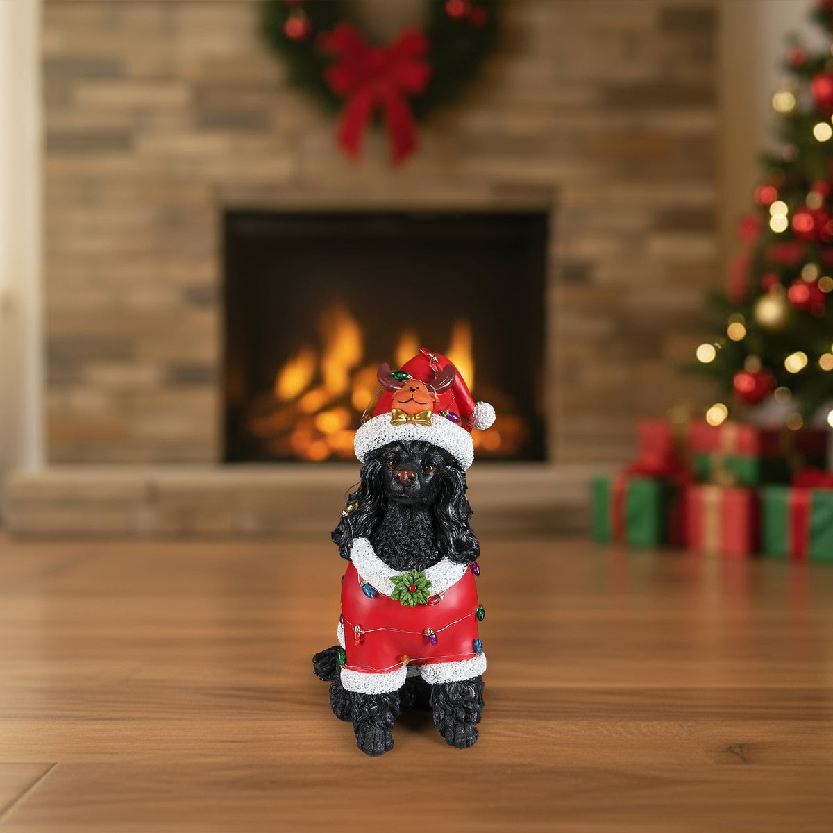 Festive Black Poodle Christmas Statue with Santa Outfit - Black+Red