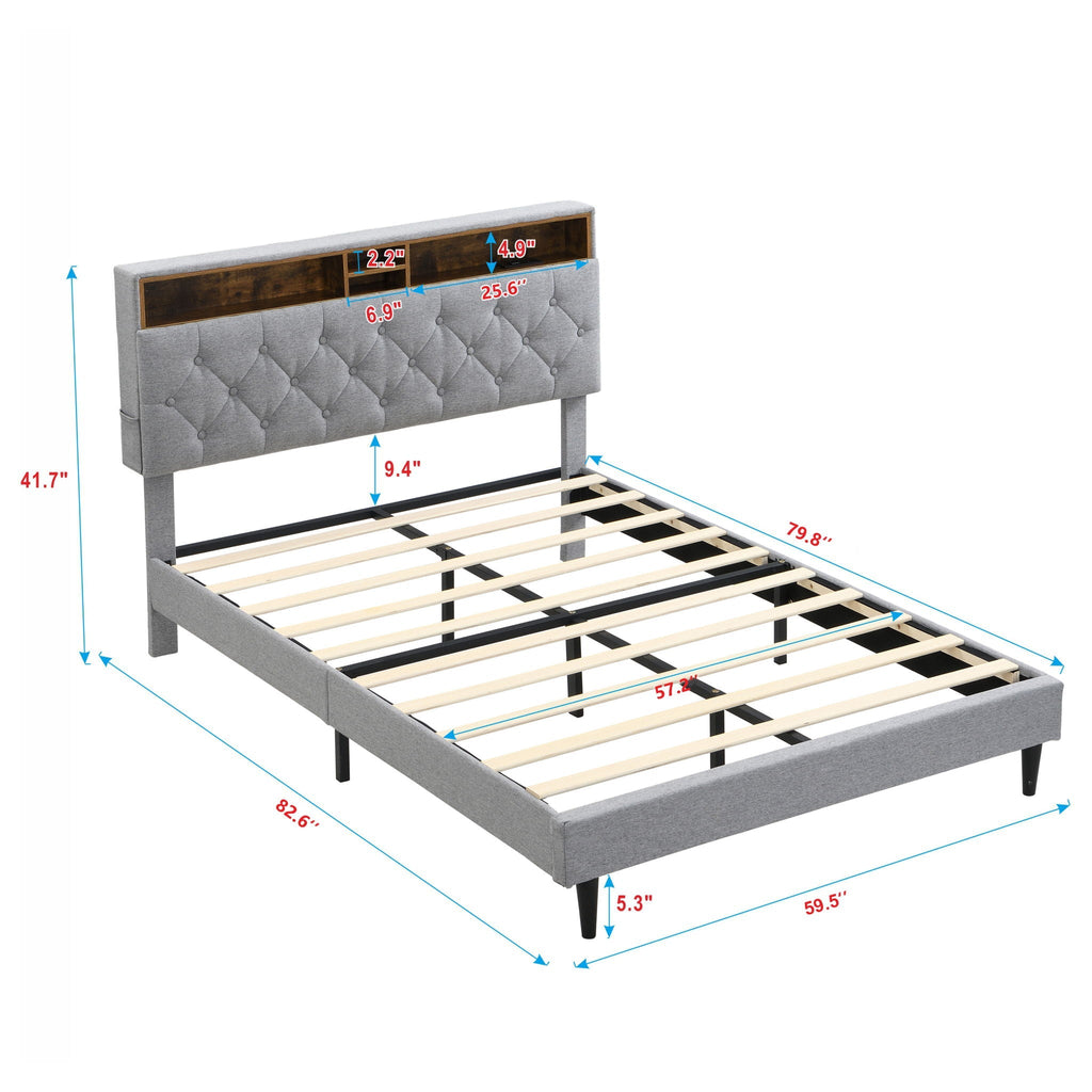 Modern Upholstered Platform Bed Frame with USB Ports - Gray or Dark Gray