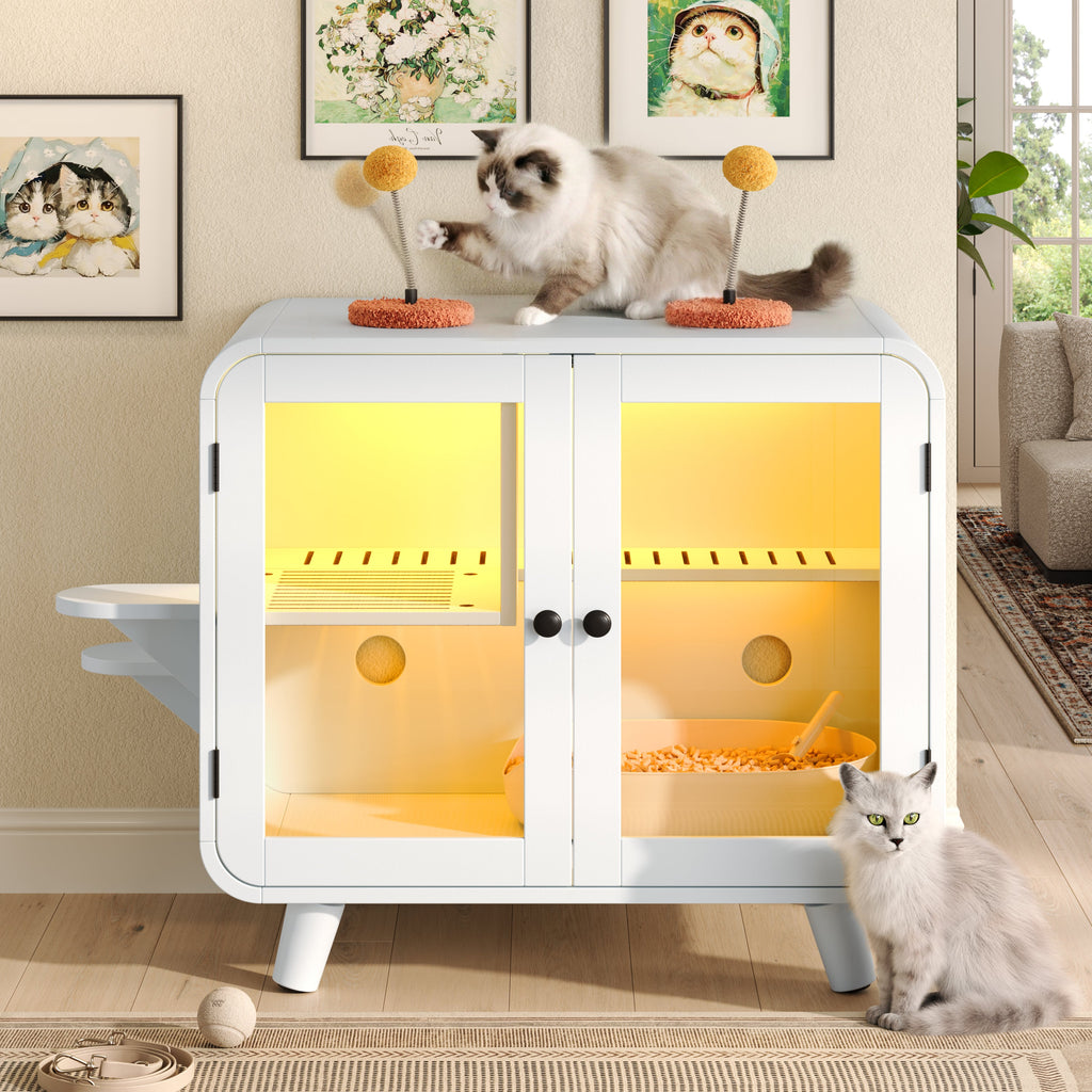 Cat Hidden Litter Box Enclosure with RGB LED Light - White