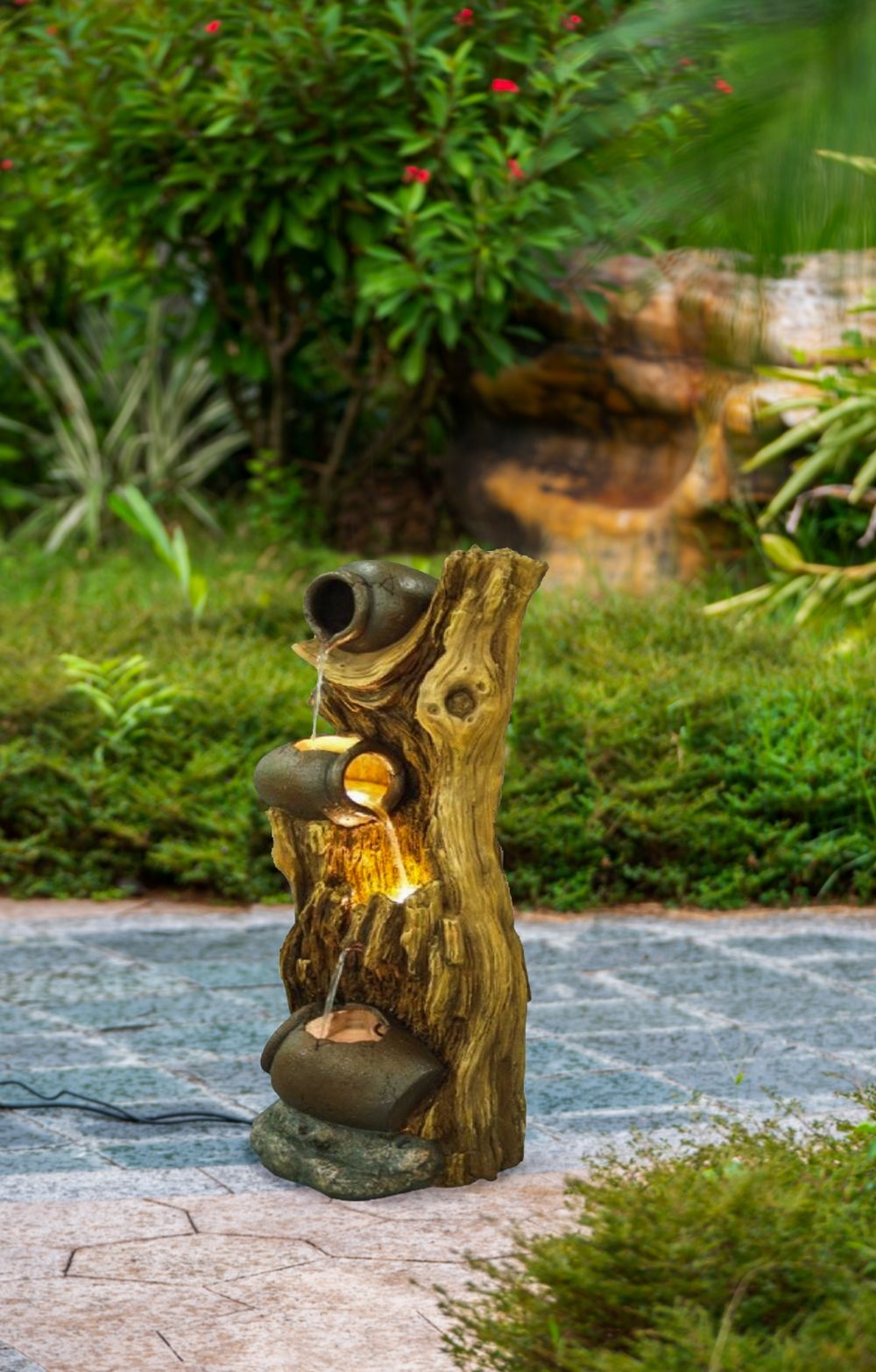 Decorative 3 Tier Tree Trunk Fountain with LED Lights - Brown