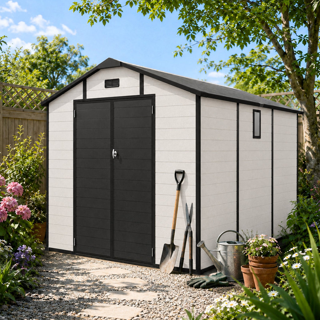 8x10 FT Plastic Outdoor Storage Shed with Lockable Design - Grey