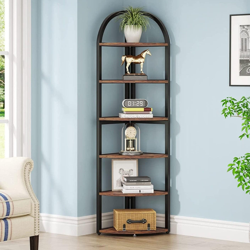 Tall 6 Tier Corner Shelf with Sturdy Metal Frame - Rustic Brown