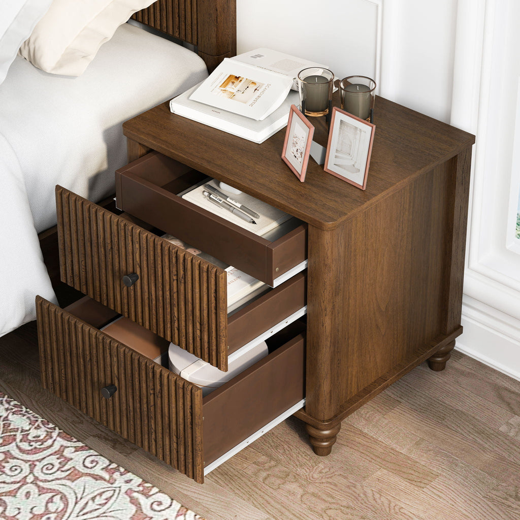 Fluted Nightstand with 3 Drawers - Set of 2 - Dark Brown or Beige