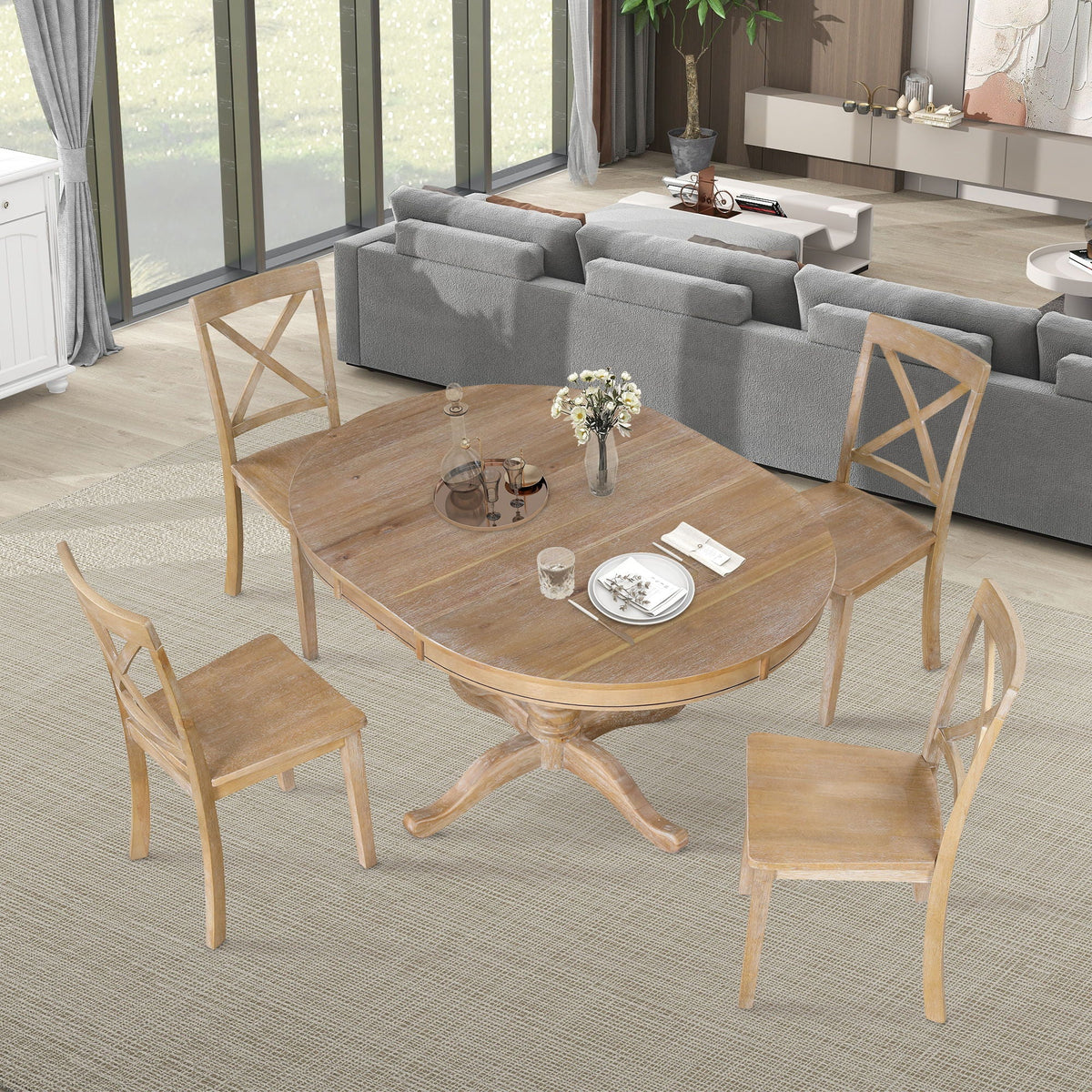 Modern Dining Table Set for 4 with Curved Back Chairs - Beige or Light Brown