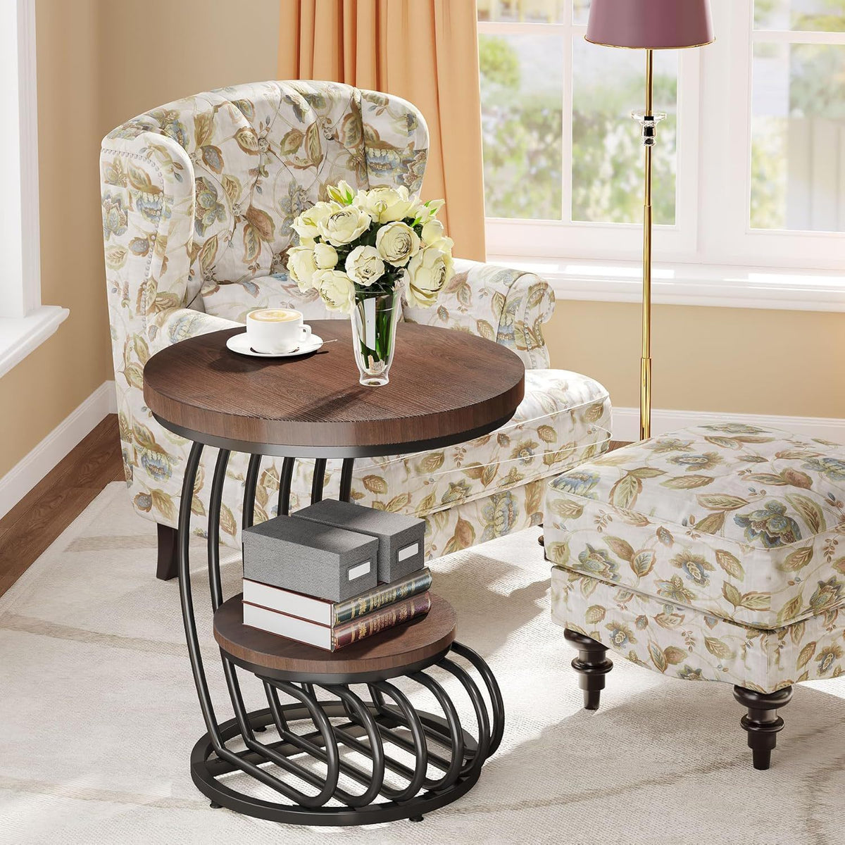 Round Vintage End Table with 2 Tier Storage - Dark Brown, Light Brown, White
