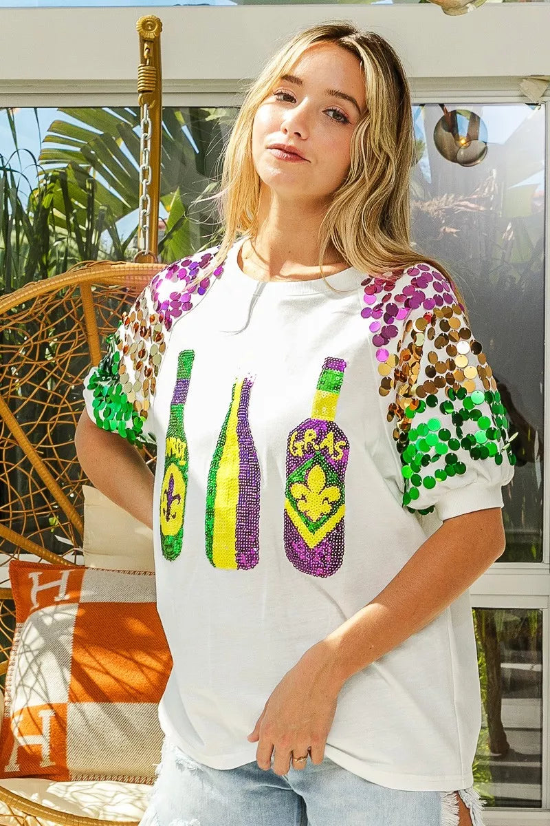 BiBi Sequin Mardi Gras Bottles Spangled Sleeve Top