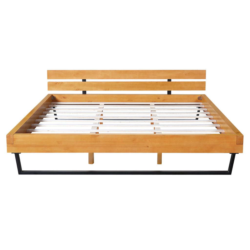 Pine Wood King Bed Frame with Iron Accents - Natural/Black