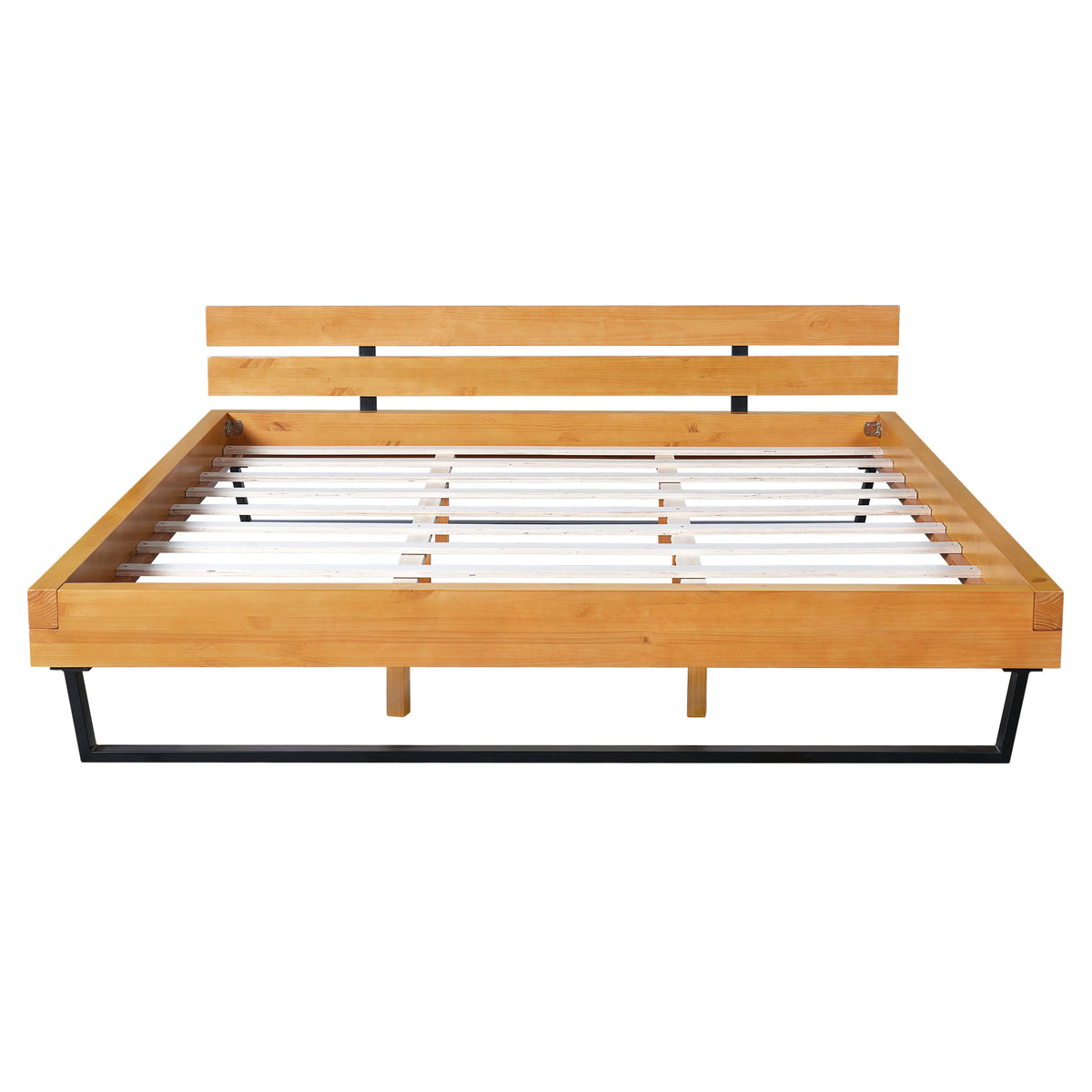 Pine Wood King Bed Frame with Iron Accents - Natural/Black