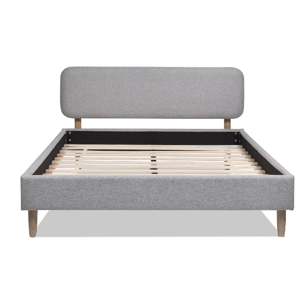 Low Upholstered Platform Bed with Natural Wood Legs - Gray