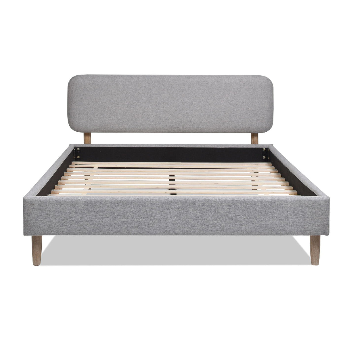 Low Upholstered Platform Bed with Natural Wood Legs - Gray