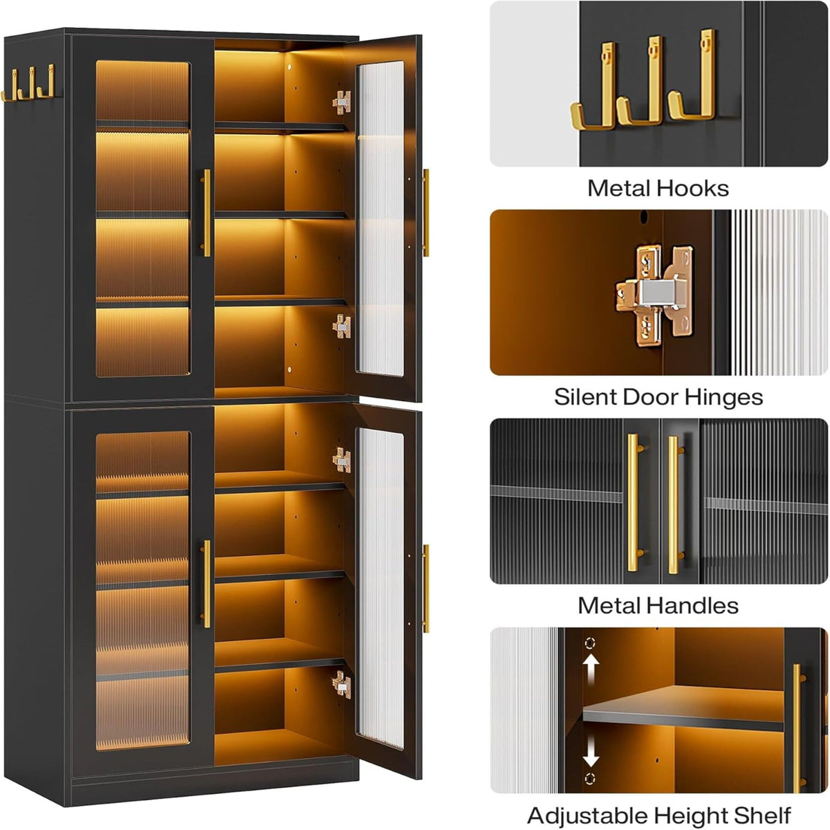 Bookcase With Doors and LED Lighting with Adjustable Shelves - Black, Gray, White
