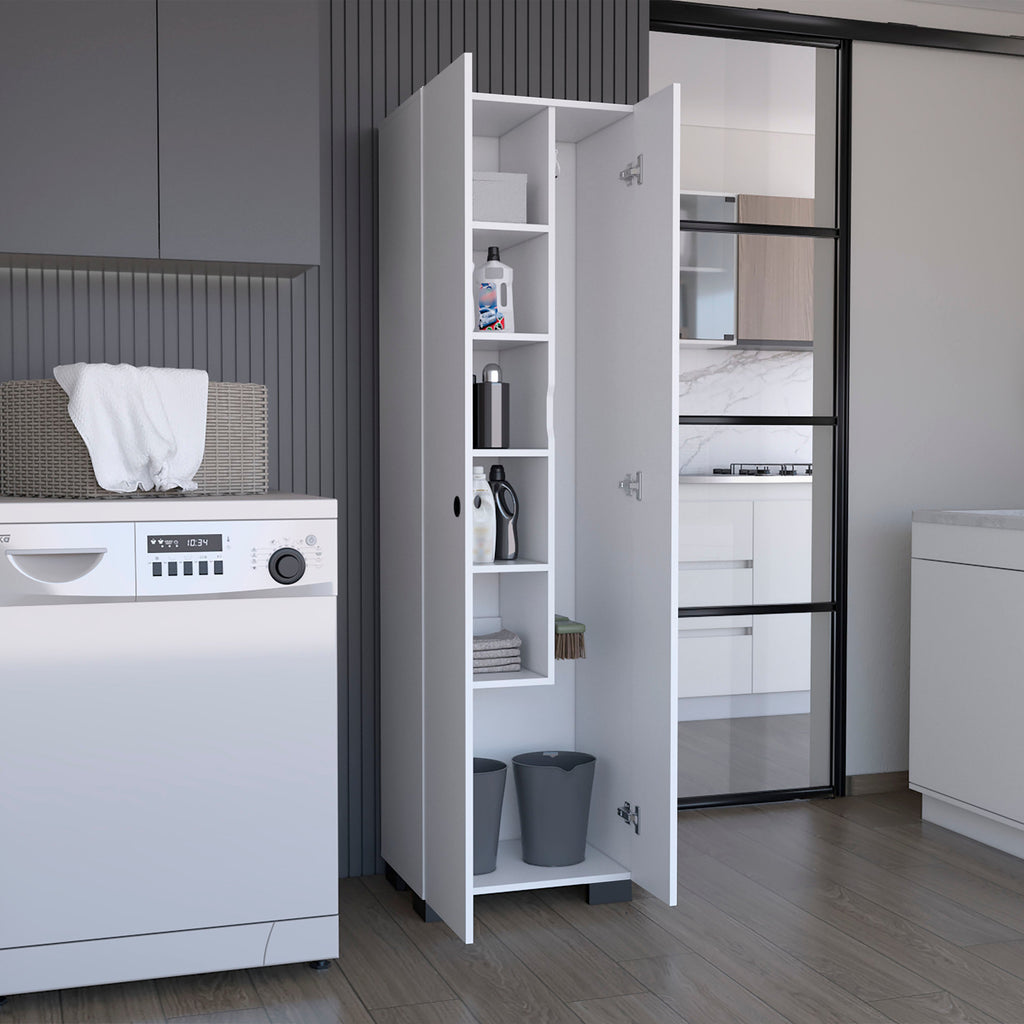 Attica Broom Cabinet with Double Doors and Inner Shelves - White