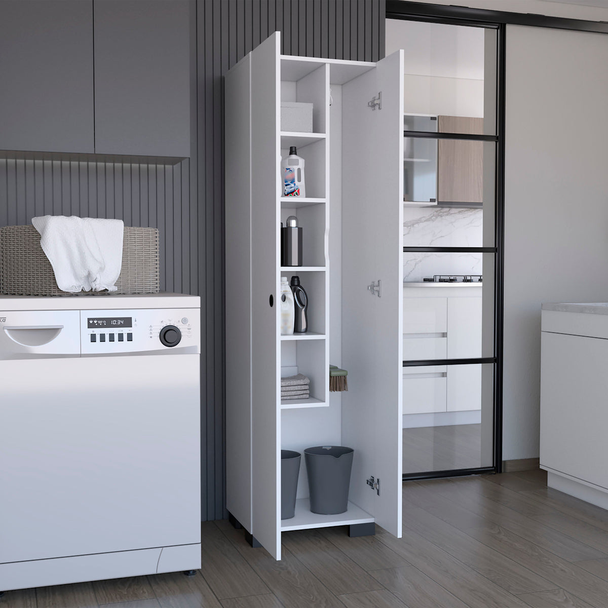 Attica Broom Cabinet with Double Doors and Inner Shelves - White