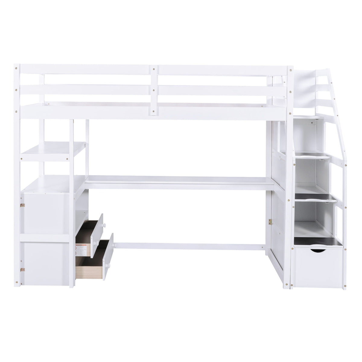 Loft Bed with Desk and Storage Staircase - Full or Twin, White or Gray