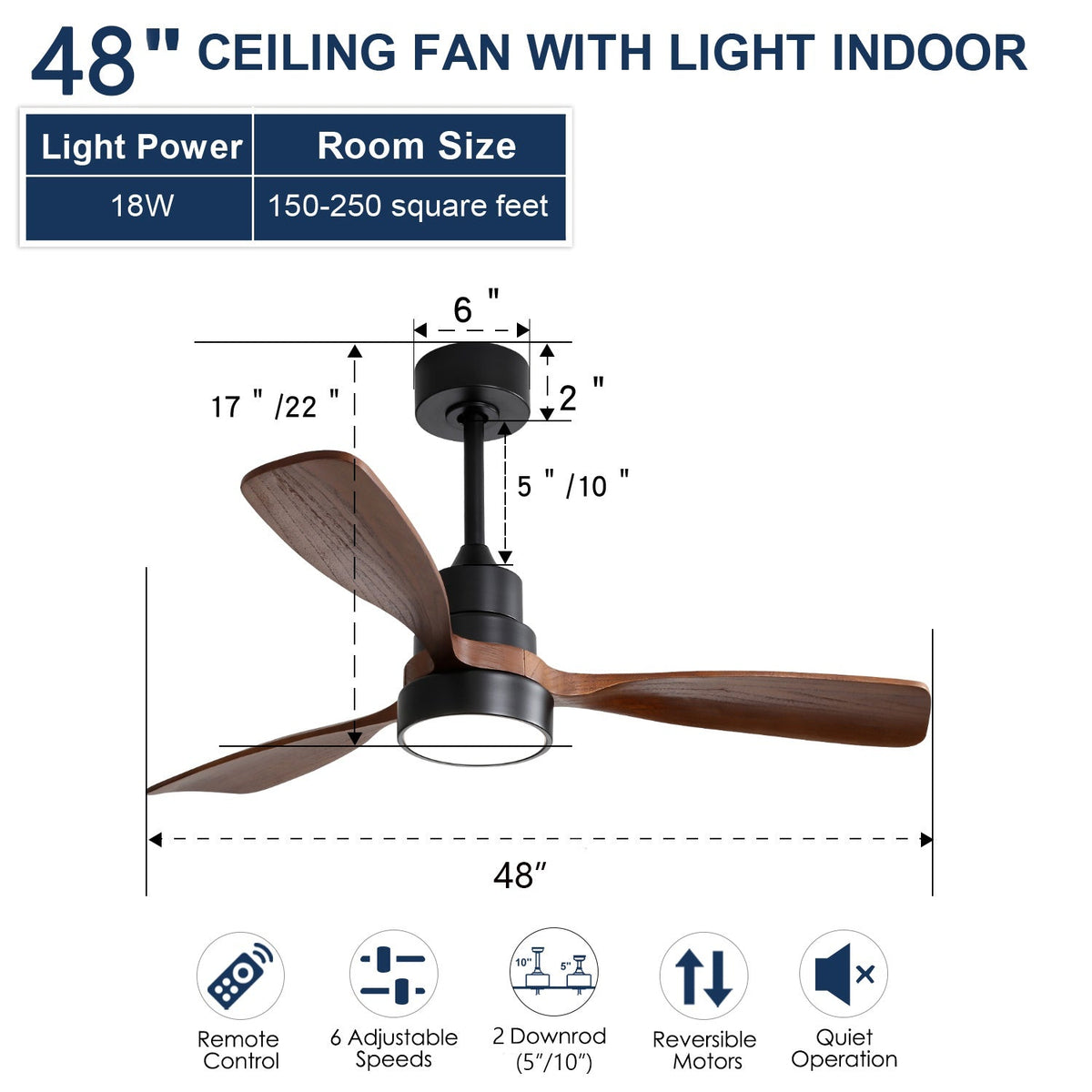 48 Inch Wood Ceiling Fan with Remote Control - Black
