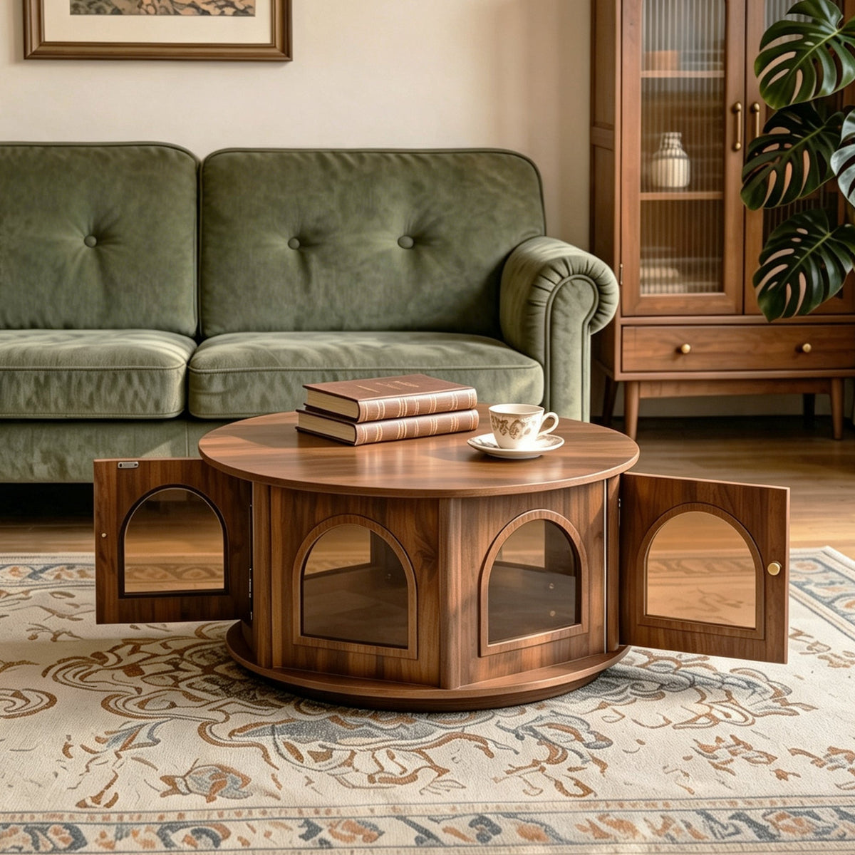 31.5" Round Coffee Table with Storage and Pet House - Dark Walnut