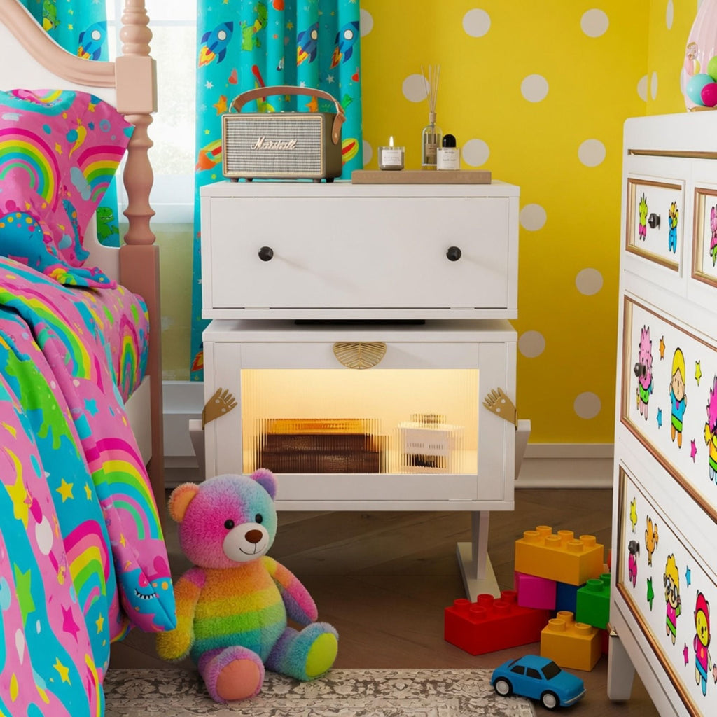 Robot LED Nightstand with 360° Rotating Drawer - White, Pink, or Green