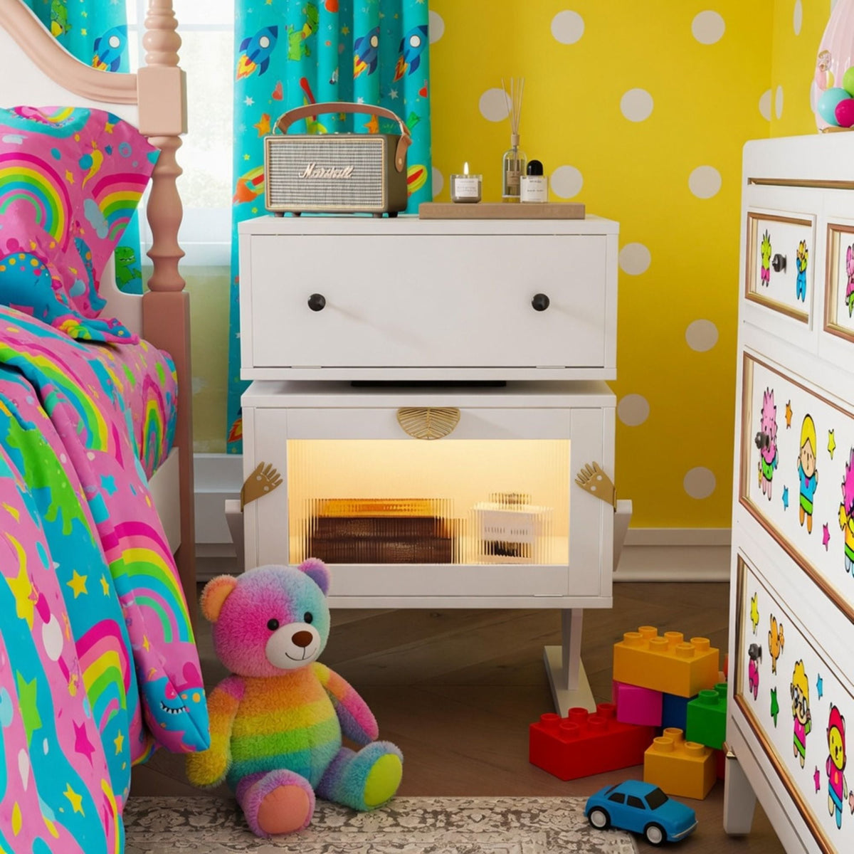Robot LED Nightstand with 360° Rotating Drawer - White, Pink, or Green