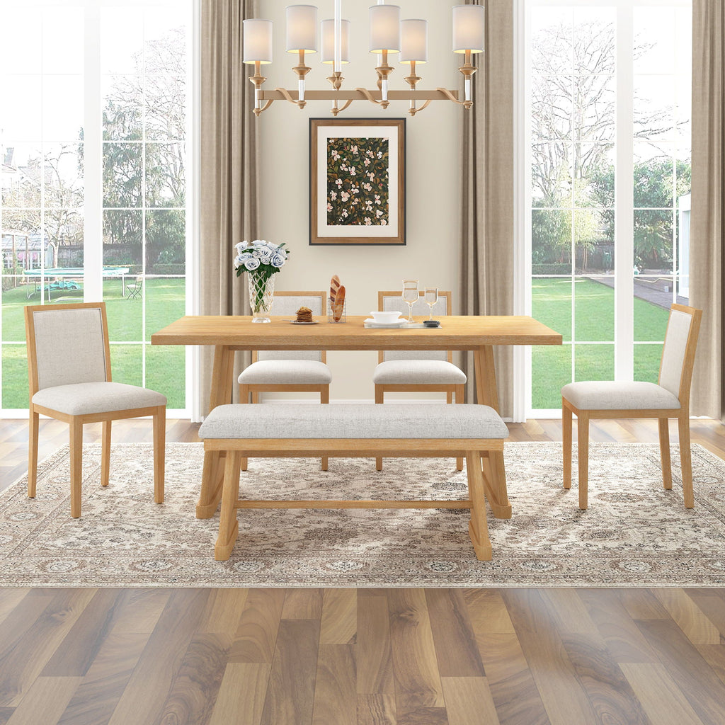 6 Piece Dining Room Set with Upholstered Chairs & Padded Bench - Light or Dark Brown