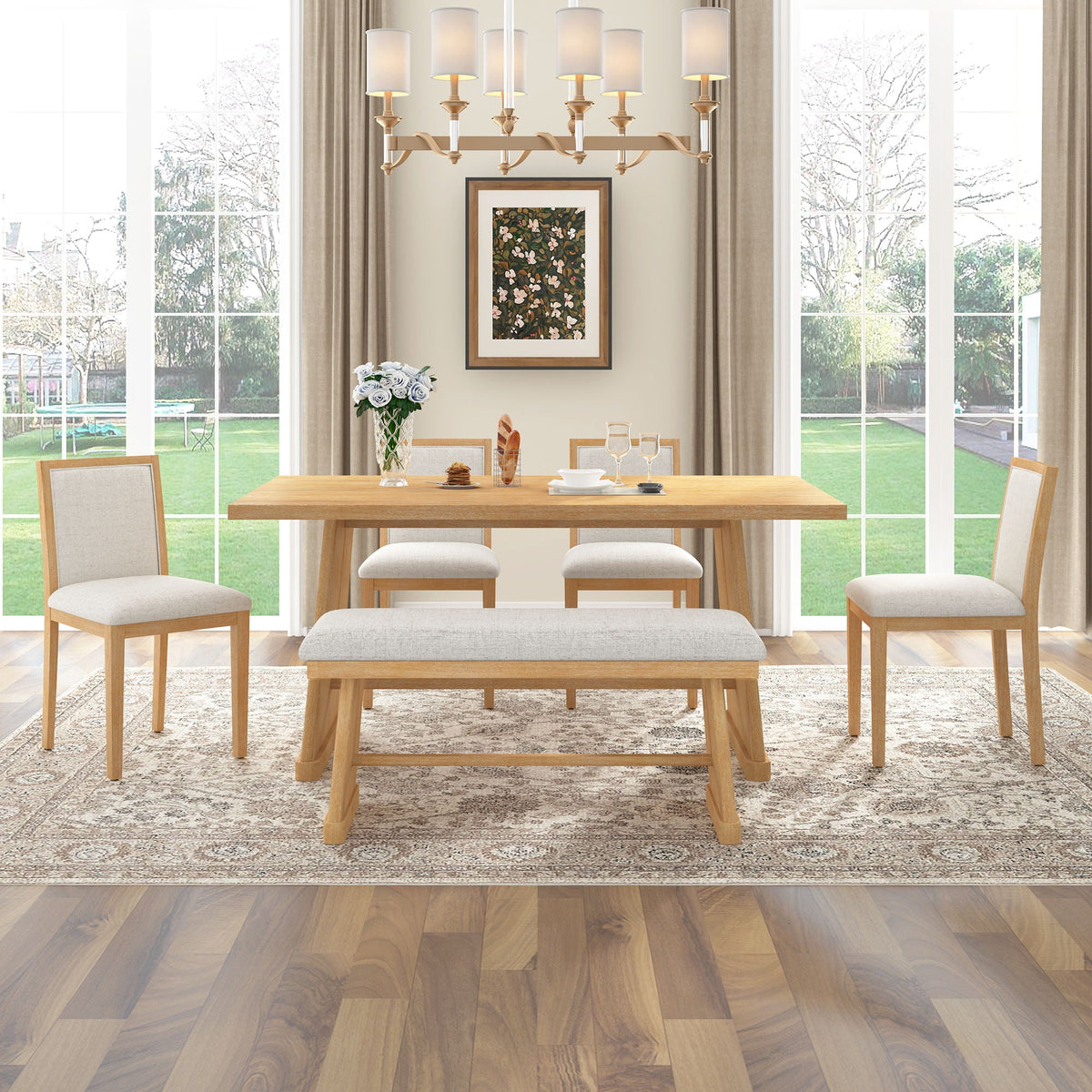 6 Piece Dining Room Set with Upholstered Chairs & Padded Bench - Light or Dark Brown