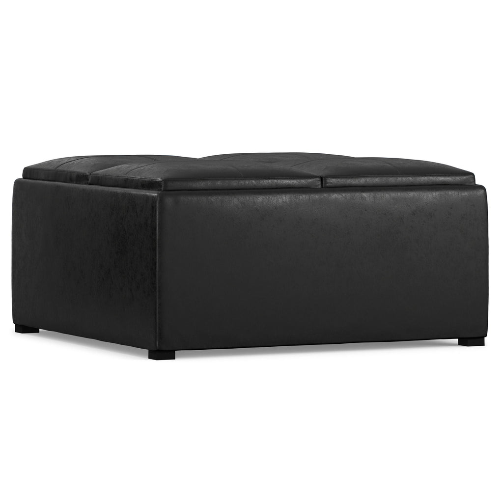 Upholstered Square Coffee Table Storage Ottoman with Flip Serving Trays - Black or Dark Brown