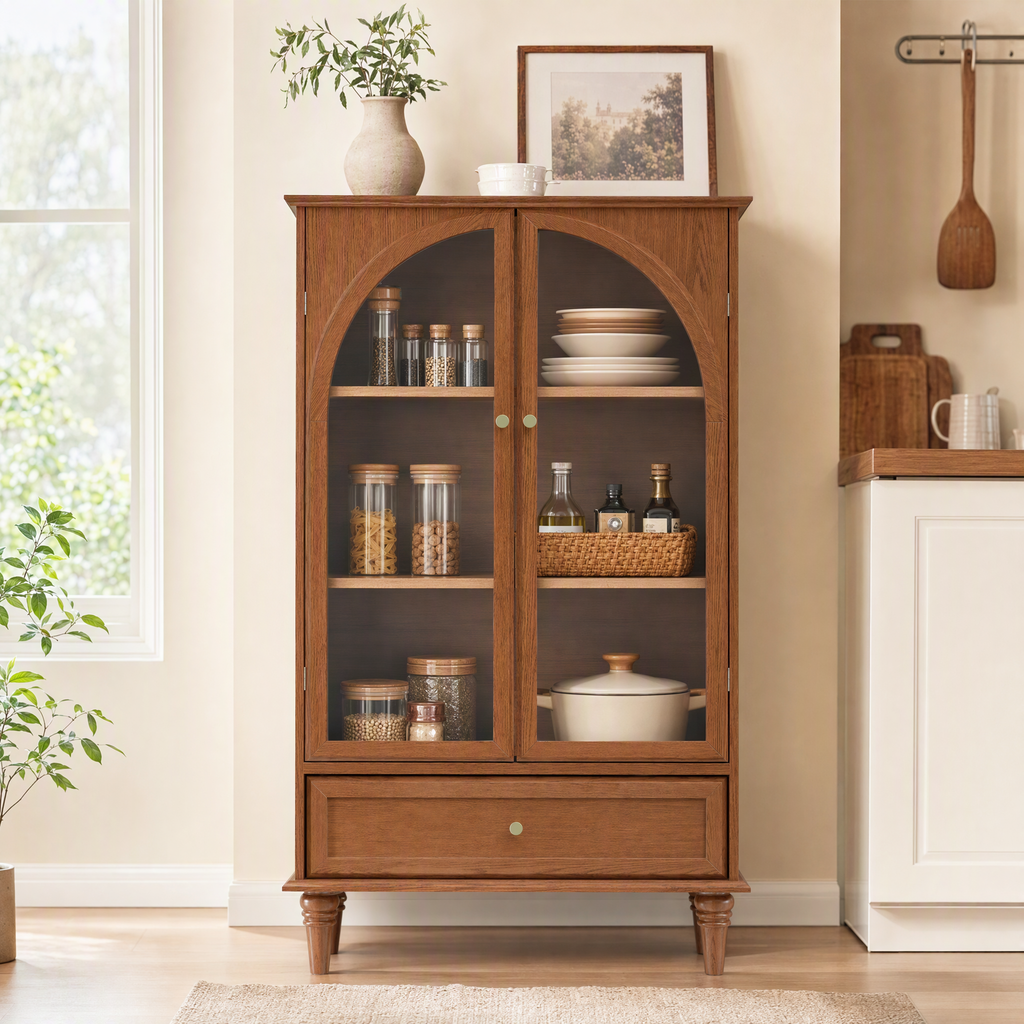 Vintage Farmhouse Arched Glass Accent Cabinet with Arched Glass Doors - Antique Glaze