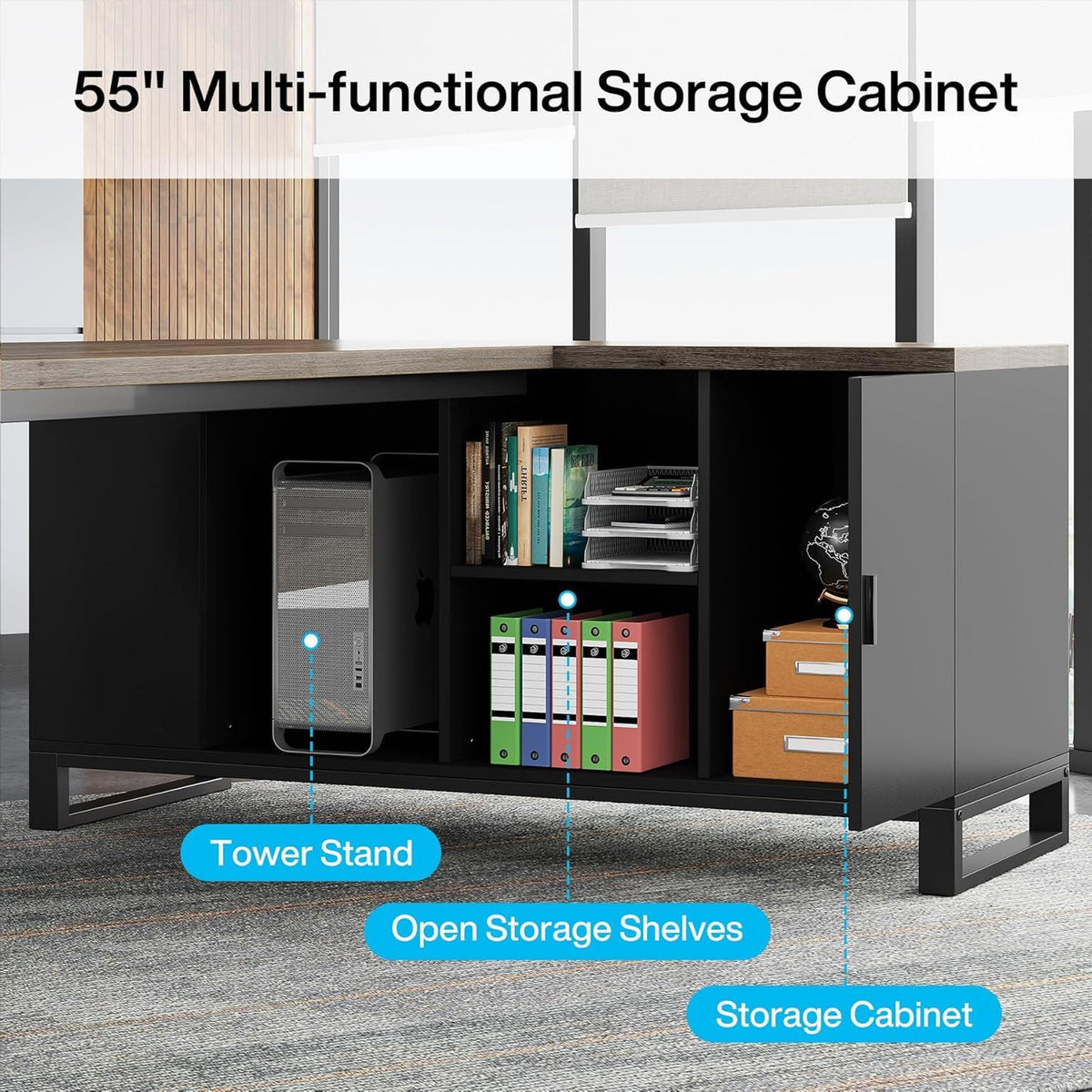 L-Shaped Executive Desk with File Cabinet and Storage - Light Brown or Dark Gray