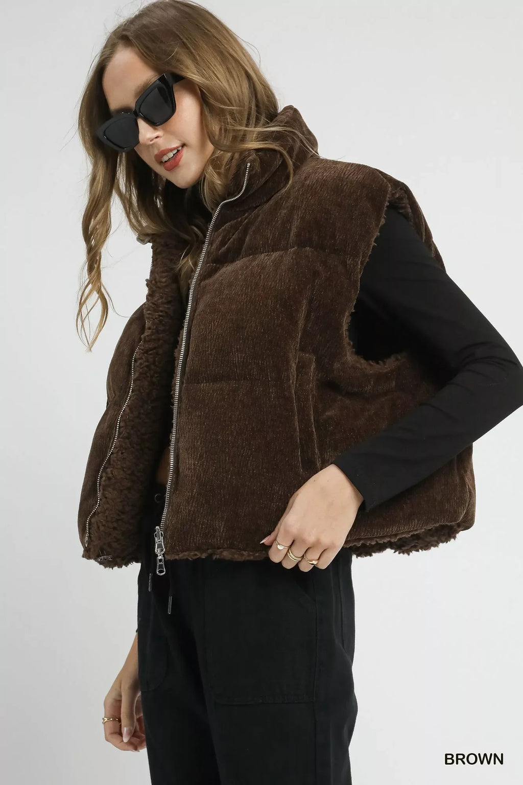 Umgee Sherpa-Lined Zip Vest with Drawstring Hem