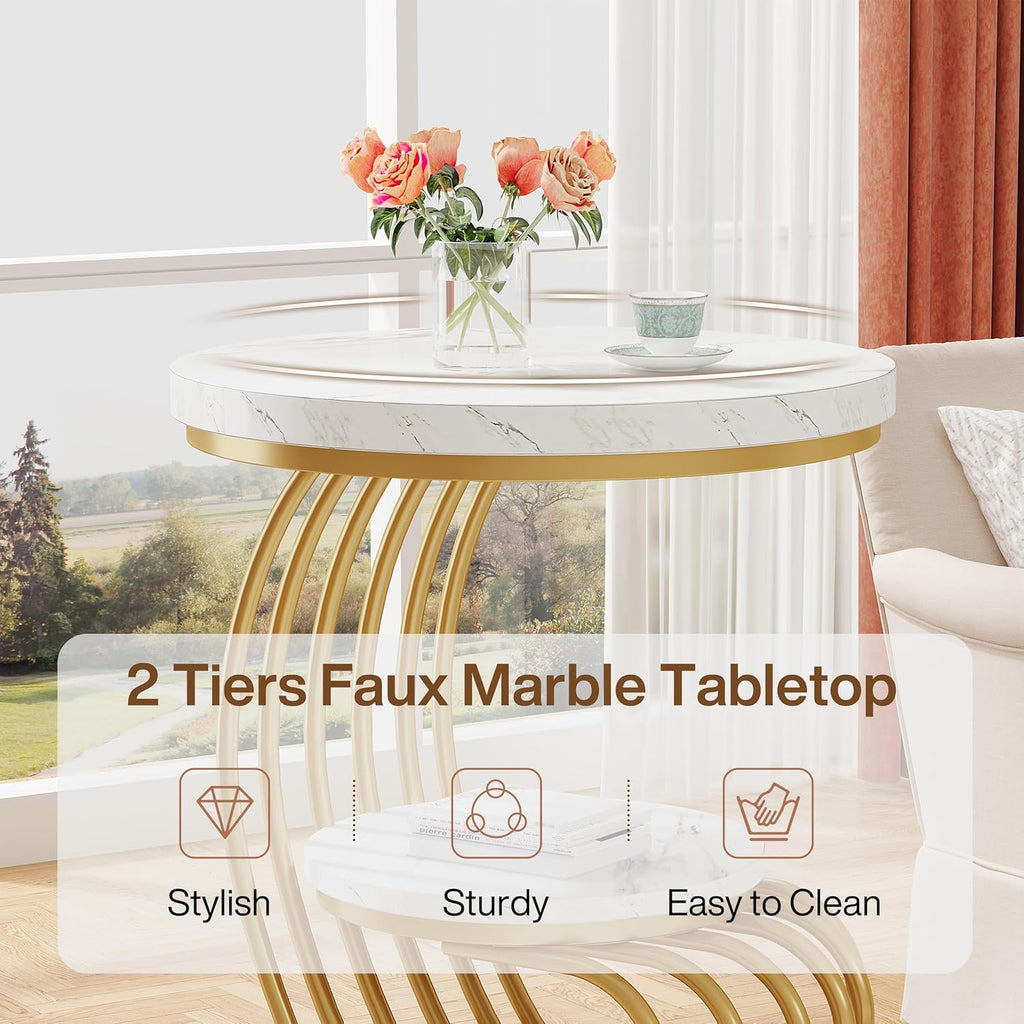 Round Vintage End Table with 2 Tier Storage - Dark Brown, Light Brown, White