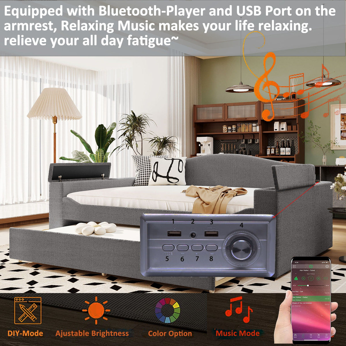 Upholstered Daybed With Storage Armrests, Trundle And Latest Integrated tooth Audio System