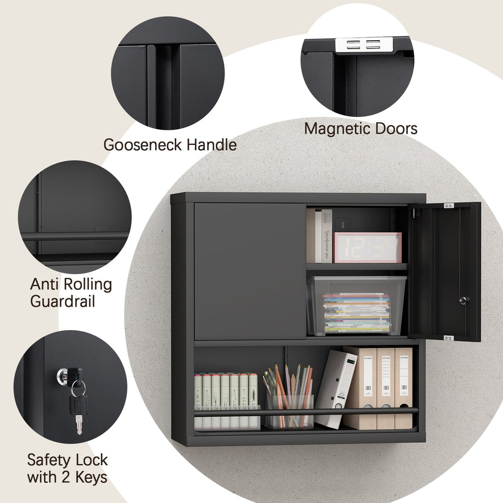 Metal Adjustable 2 Doors Storage Cabinet with Adjustable Shelves - Black
