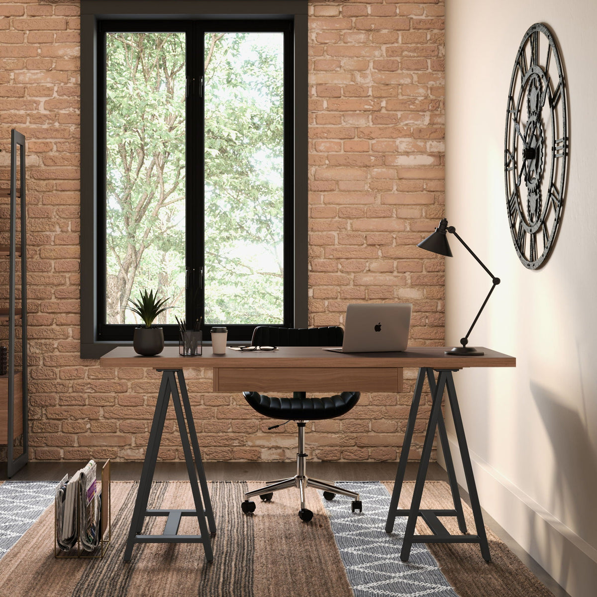 Handcrafted Solid Writing Desk with Sawhorse Metal Supports - Dark Brown